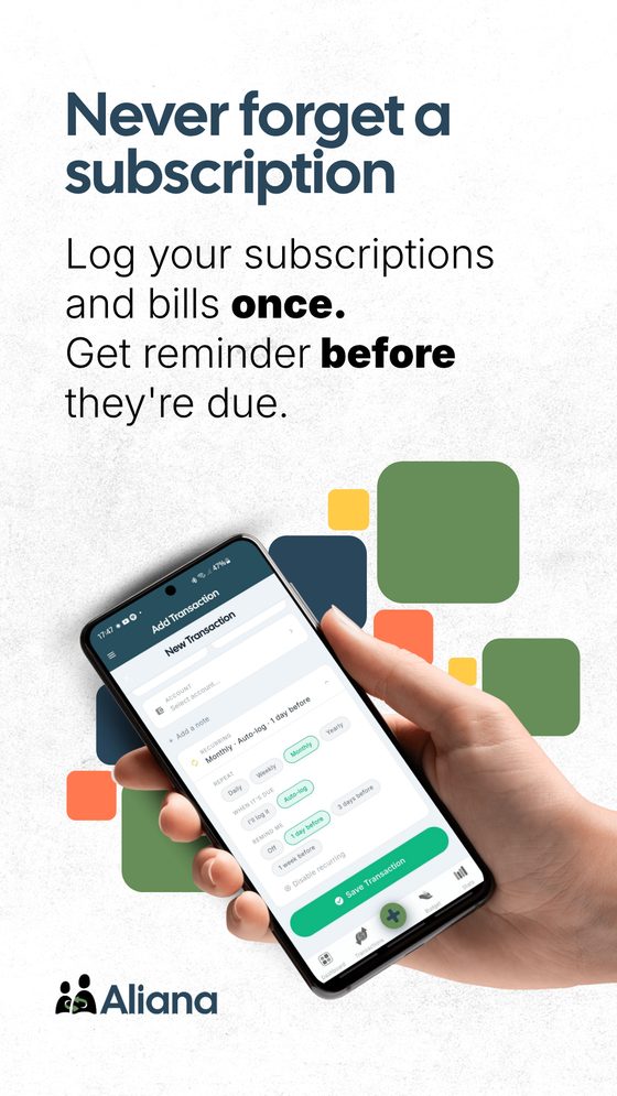 Aliana add-transaction screen showing a recurring monthly bill with a reminder set