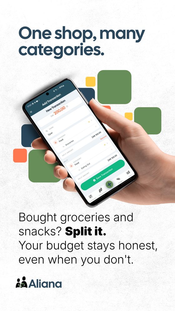 Aliana add-transaction screen showing one purchase split across two spending categories